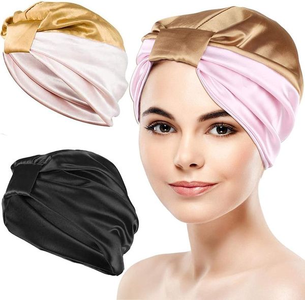 

imitation silk night cap unique double layer sleep set soft fashion bonnet for women ladies beanie headwrap hat shower caps