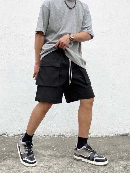 

men flap pocket drawstring waist utility shorts a18k#, Black