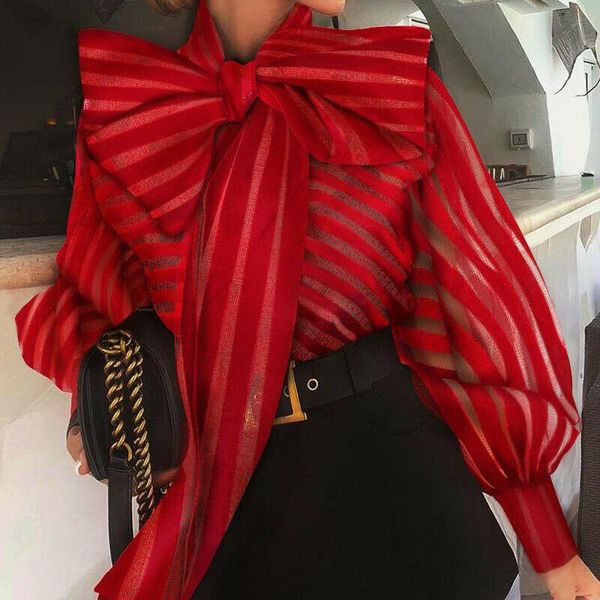 

fashion women mesh blouse casual autumn long lantern sleeve striped bownot office lady shirts women's blouses, White