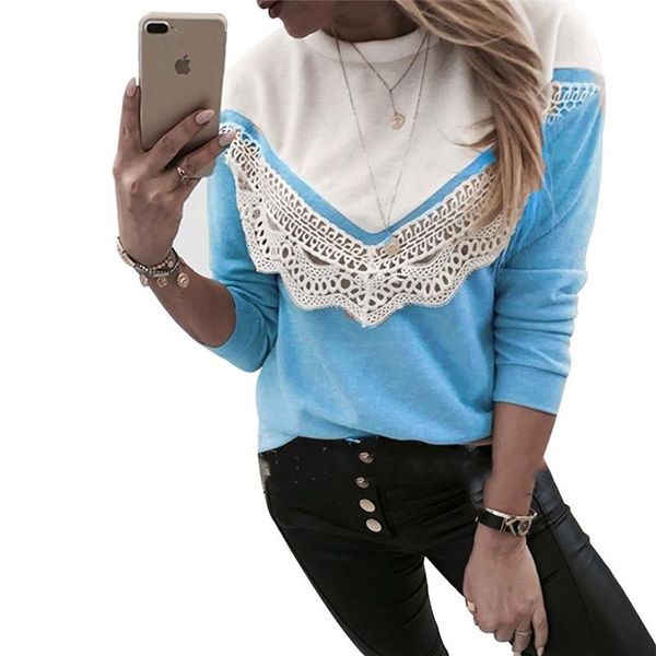

women's blouses & shirts spring winter ladies lace blouse plus size women long-sleeved round neck splicing shirt female casual clot, White