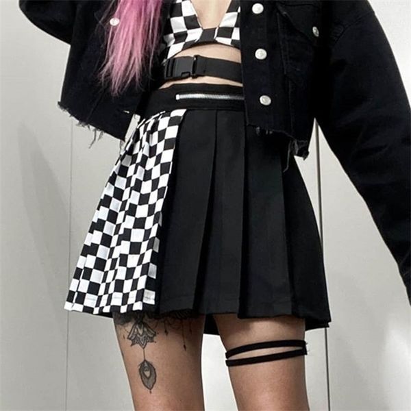 

heyoungirl patchwork checkerboard pleated skirts womens harajuku punk black short skirts gothic high waist mini skirt ladies, Black;gray