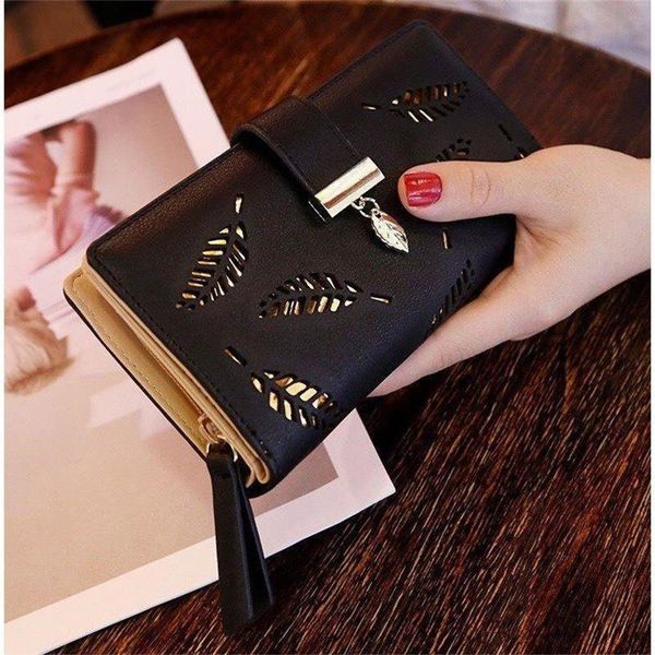 

women wallets pu leather purses female gold hollow leaves pouch handbag for coin purse card holders clutch, Red;black