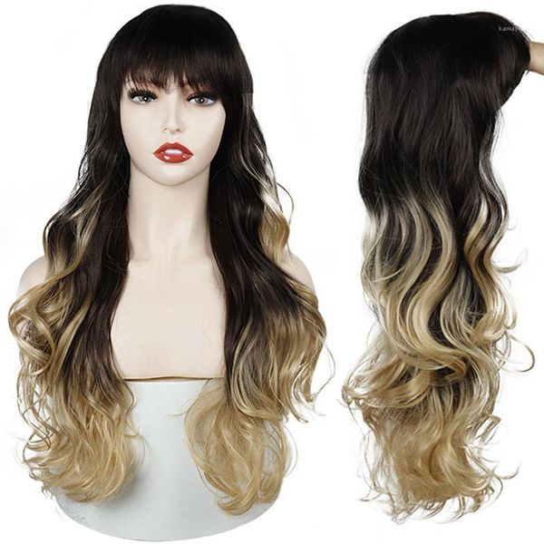 

long synthetic wavy wigs with bangs natural curly dark brown gold for women cosplay heat resistant fiber1, Black