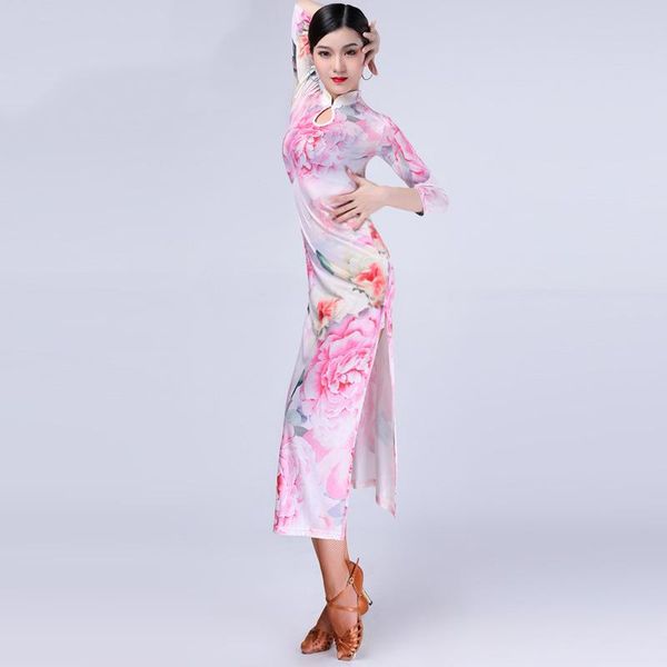 

ethnic clothing chinese cheongsam dress for women elegant dancing floral print high split slim oriental qipao plus size 17colors, Red