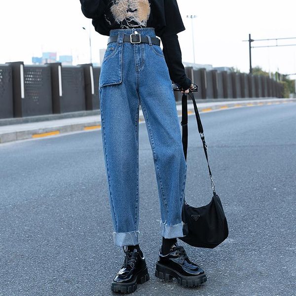 

paper bag high waist cargo jeans women's, Blue