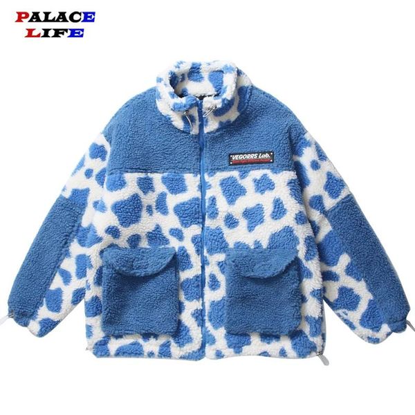 

men's down & parkas fleece cotton padded jackets men streetwear vintage cow spot patchwork jacket coat winter harajuku thick coats, Black
