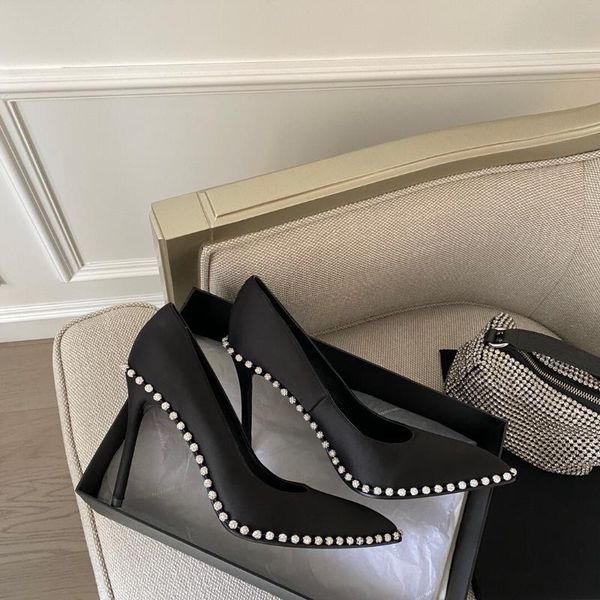 

est spring woman pumps silk shallow mature pointed-toes stiletto heels crystal decora sapato feminino dress shoes, Black