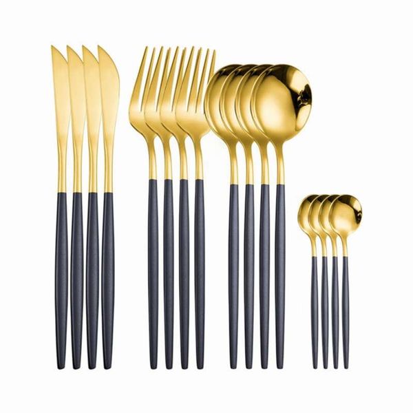 Talheres de ouro preto conjunto garfo colher faca de aço inoxidável talheres louça 16 peças cozinha talheres jantar 210928