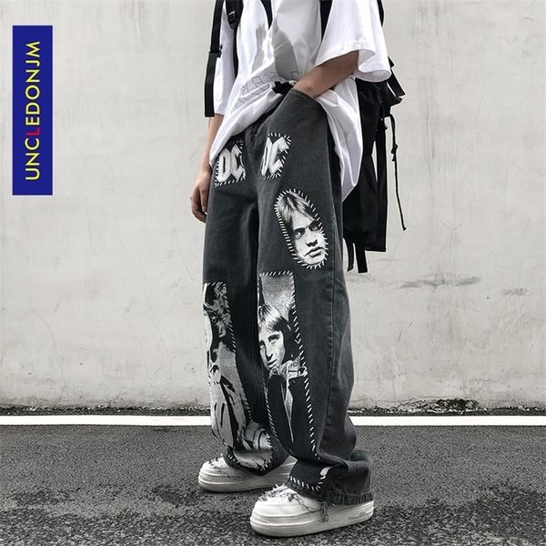 

uncledonjm high street patchwork printed jeans ins hip hop wide leg pants men hip hop jeans men 8009 210317, Blue