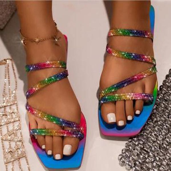 

summer fashion rainbow color roman rhinestone flat outdoor female slippers plus size beach, Black