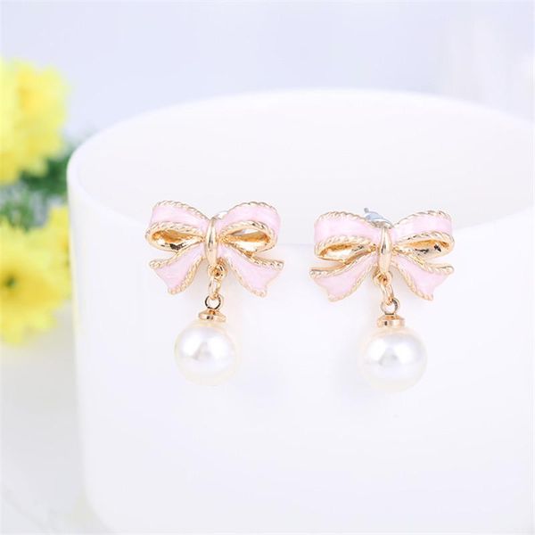 

clip-on & screw back fashion simulated pearl earring pink bowknot dripping oil clip on earrings without piercing women jewelry ear gift, Silver