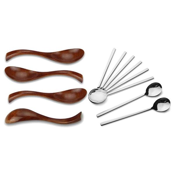 

spoons 4 pcs soup spoons, wooden with 8 pieces stainless steel spoons,soup (silver)