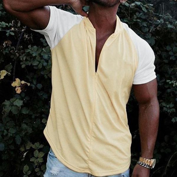 

summer men t-shirt stand collar short sleeve color block zipper blouse casual male fashion streetwear men's t-shirts, White;black