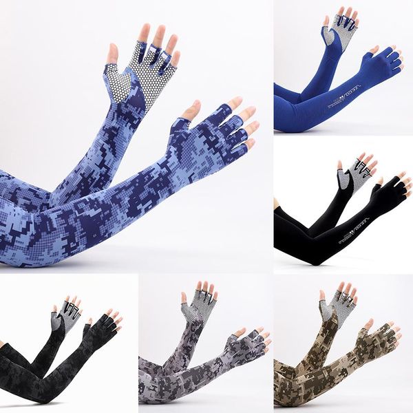 

five fingers gloves sun protection sleeves women men camouflage arm outdoor sports cycling warm fishing golf warmer covers, Blue;gray