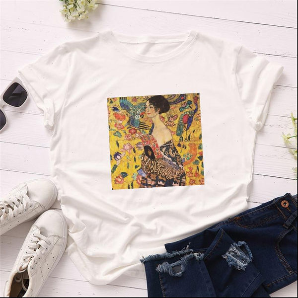 

women summer t shirts short sleeve casual white polyester oil painting tshirts print graphic tees girls ladies nordic top