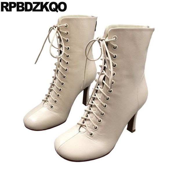 

boots high heel square toe chunky fur women designer short shoes winter 2021 block beige thick front lace up casual ankle autumn, Black