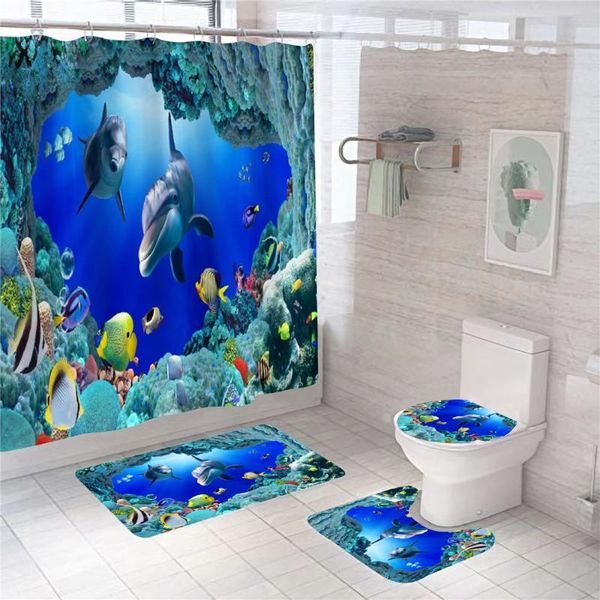 

shower curtains 3d ocean dolphin waterproof bathroom non-slip bath mat set pedestal rug lid toilet cover for decor