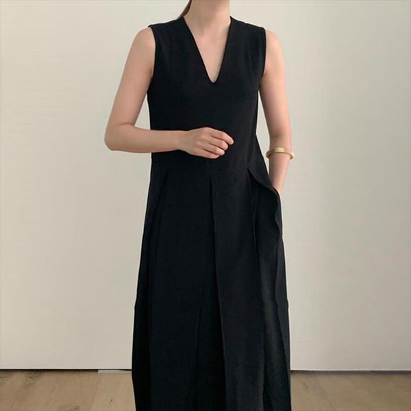 

[ewq] summer korean casual minimalist womens dresses v neck high waist loose mid calf sleeveless vest dress black robe qb777, Black;gray