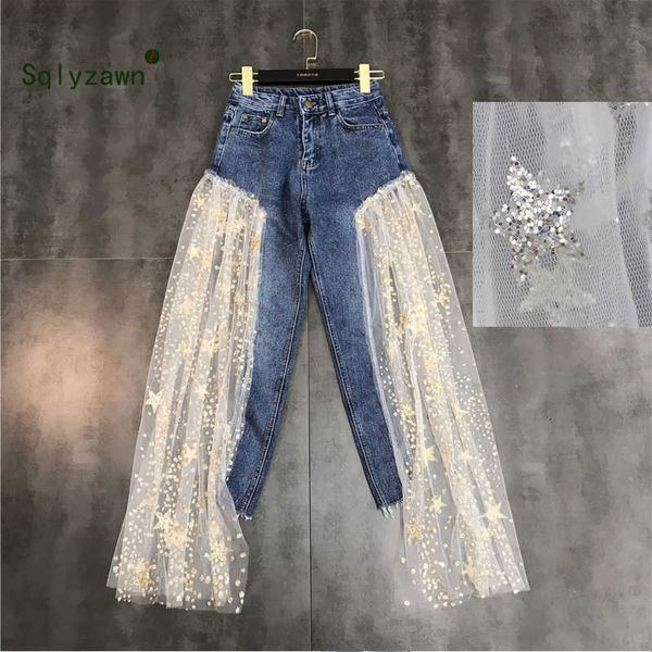 

women jeans high waist wide leg jeans women denim pants irregular mesh tansparent star sequin summer jeans women denim trousers 210709, Blue