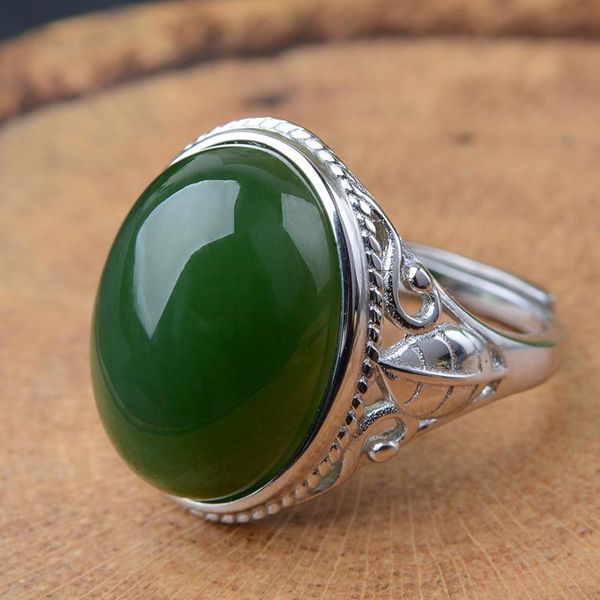 

cluster rings natural green jade jasper ring resizable with 925 sterling silver for women jadeite jewelry, Golden;silver
