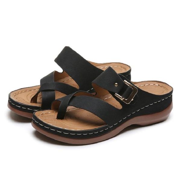 

slippers women solid thick bottom retro flat sandals female outdoor comfortable summer shoes ladies slides footwear 2021, Black
