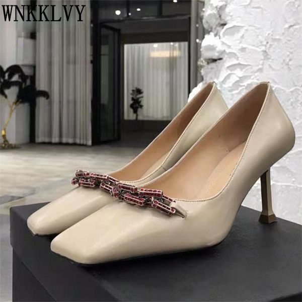

runway square toe metal thin high heels shoes women real leather rhinestone chain decor pumps spring party wedding female dress, Black