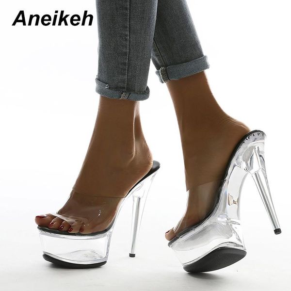 

aneikeh summer 2021 women's shoes fashion classics pvc platform 35-40 head peep toe thin high heel transparent slippers, Black