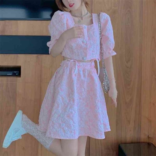 

summer women's two piece set sweet pink puff sleeve short + high waist a-line mini skirt ladies suits 210519, White
