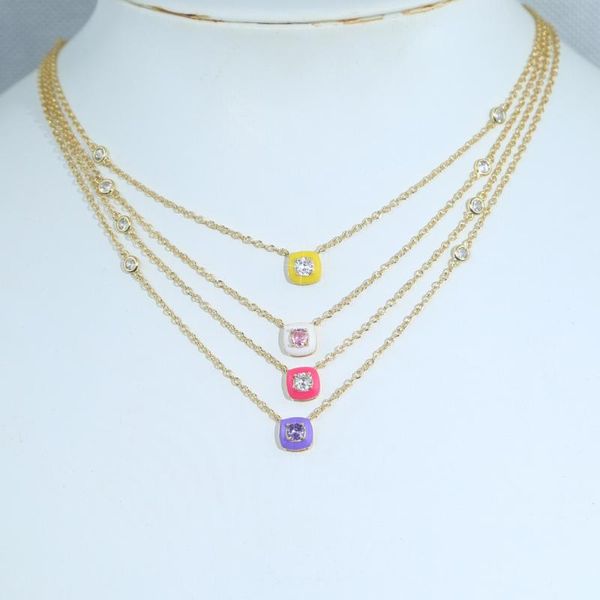 

chains gold color geometric round bezel cz neon enamel square beaded charm necklace colorful women jewelry, Silver