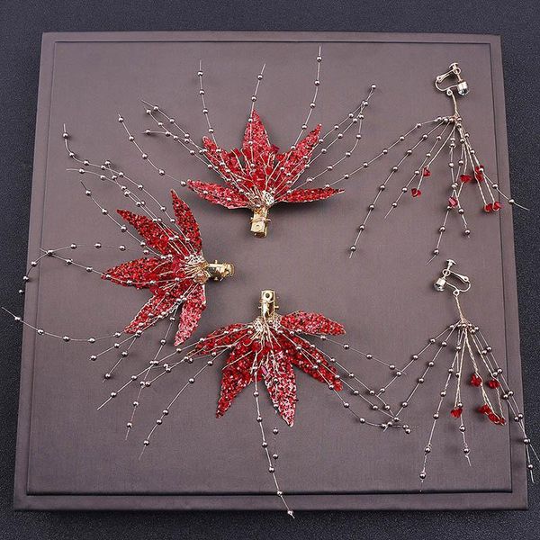 

earrings & necklace red maples leaf hair clip earring set korean style gold hand made wedding dress accessories bh, Silver