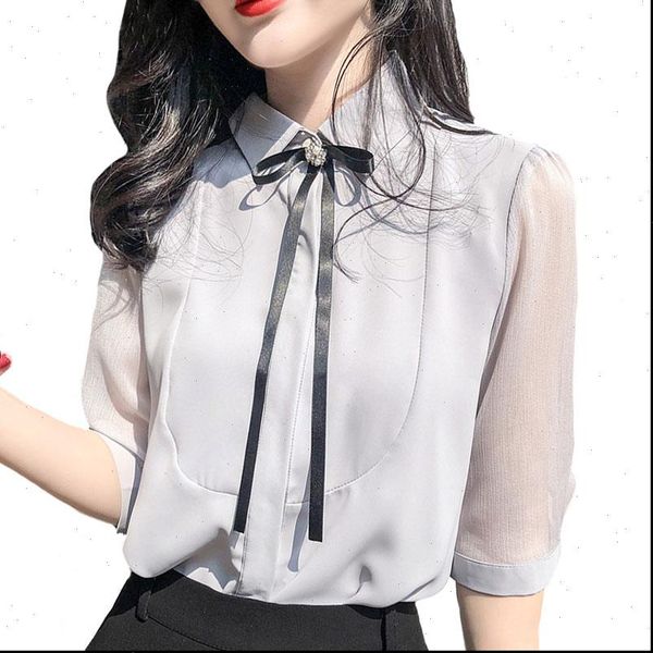 

summer korean fashion clothing bow women shirt ite professional ol half sleeve chiffon blouse, White