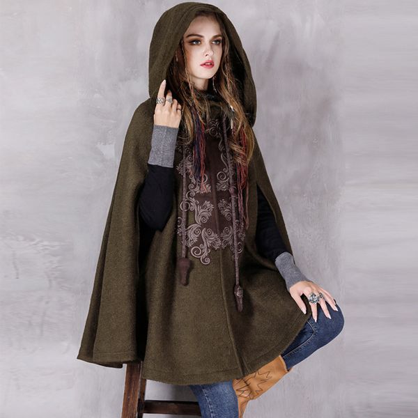 

johnature women blend coats embroidery cloak vintage hooded dark green winter thick chinese style women blend coats 210521, Black
