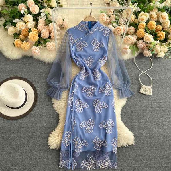 

women fashion court cheongsam spring summer autumn dress retro embroidery stand collar long sleeve elegant vesitdos s527 210527, Black;gray