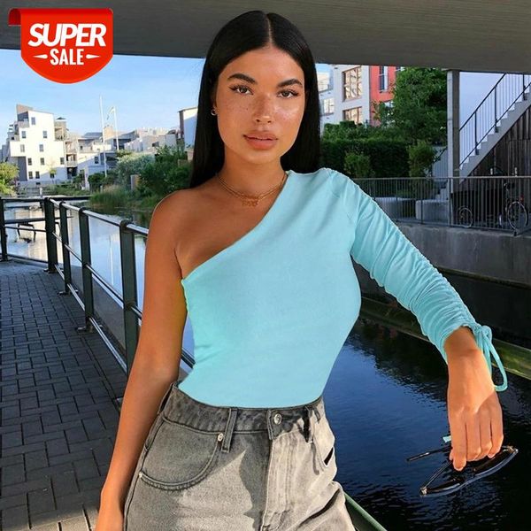 

2020 new women's one shoulder off unique long drawstring sleeve solid color slim fit solid color blouse for streetwear #1w3b, White