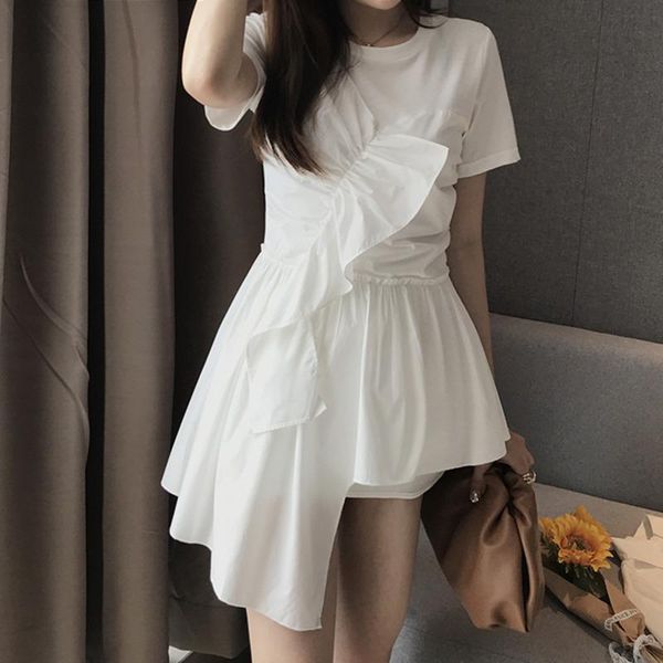 

party dresses [ewq] summer korea chic fashion casual o neck robe ruffled irregular loose white short-sleeved midi dress women 2021 16e359, White;black