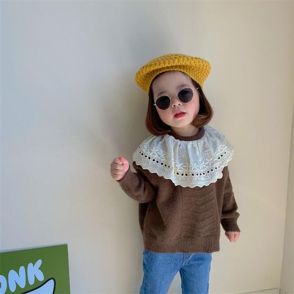 

pullover girls sweater wool coat thicken velvet 2022 lace warm winter autumn knitting jacket children's clothing, Blue