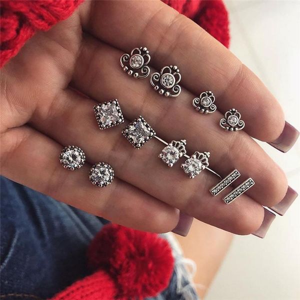 

modyle 6 pairs/set silver color earrings set vintage bohemia white cz stone flower for woman stud, Golden;silver
