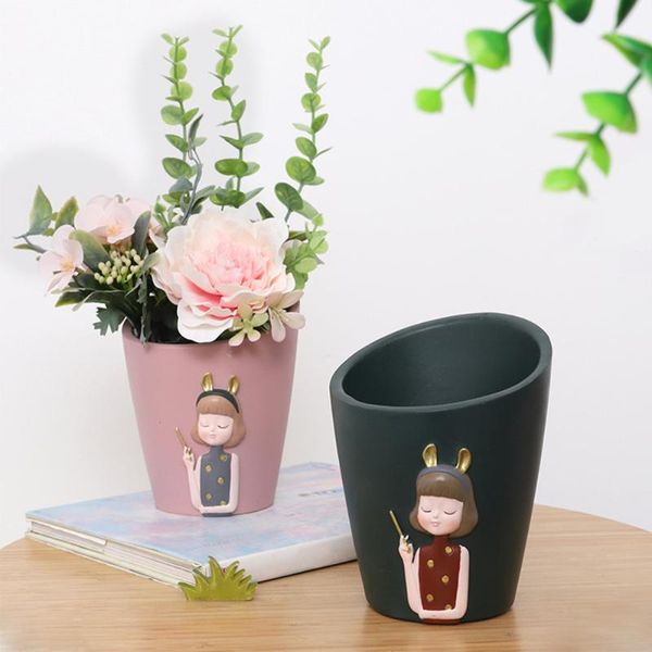 

succulents pot flower container storage box pink green deskcartoon printed vases ornament decorative utensils resin vase