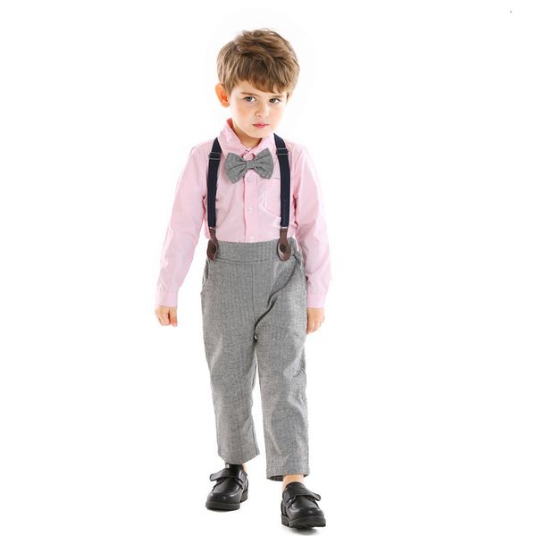 

boys' spring children's wear bow tie long sleeve shirt strap pants british multi piece set, Blue