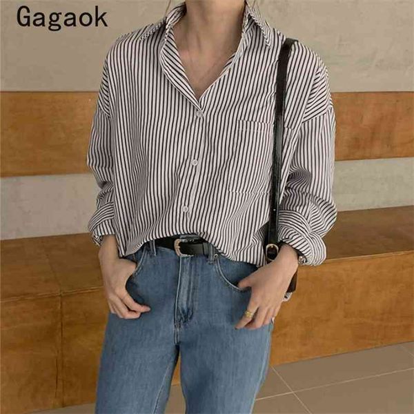 

women office lady full blouse summer outfit turn-down collar striped loose casual simple chic wild fashion shirt 210531, White