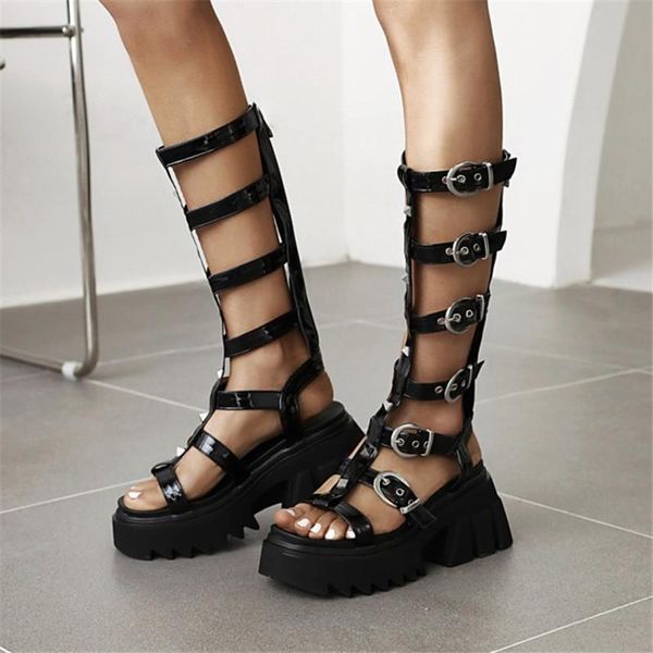 

punk gothic rome hollow out gladiator sandals women rivet buckle chunky platform high heels shoes summer plus size 35-43 dress, Black