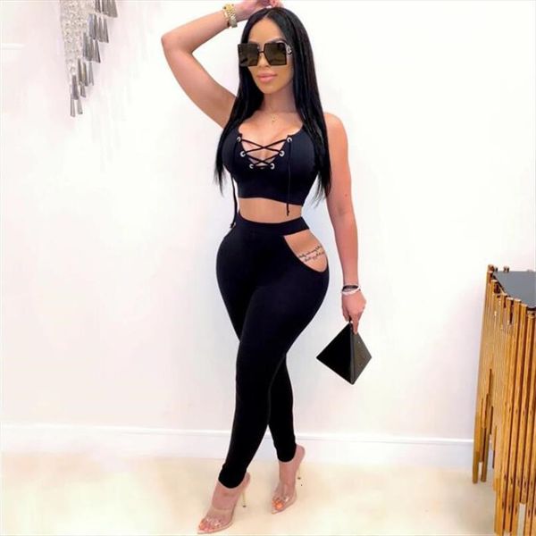 

2pcs sets crop tank womenpant high waist tracksuit bodycon tie up v neck wrap cami cut out long, White