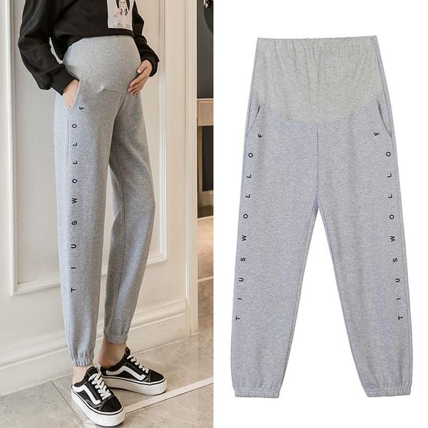 

maternity bottoms pregnant women casual belly trousers loose leisure side letters embroidery stretched hem harem pants, White