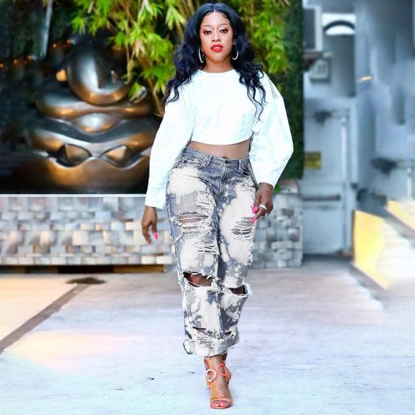 

women's jeans fashion womens straight hole bleached pocket high waist casual denim pants 2021 ladies #g3, Blue