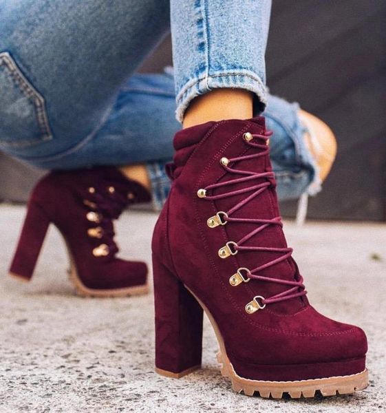 

boots fashion autumn women's lacing ankle solid color motorcycle ladies mature female square heel lady short, Black