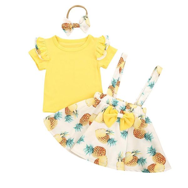 

summer kids girls clothes set 3pcs outfits short sleeves t-shirt pineapple print overalls skirt headband suit for baby 9m-3t clothing sets, White