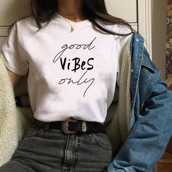 

women's t-shirt only good vibes tees letter print summer kawaii independence day female harajuku graphic short sleeve, White