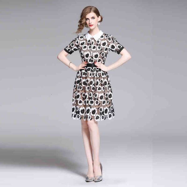 

printing of vintage elegant puff waistcoat short sleeve high waist dress hollow lace women's fashionable clothes mrlb, Black;gray
