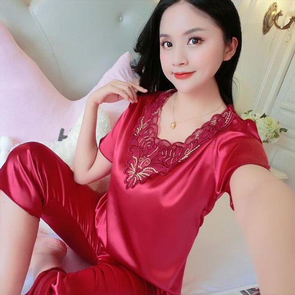 

2pcs ice silk set 5colors womens sleepwears homewear nightwear pyjamas summer v neck outfits, Black;red