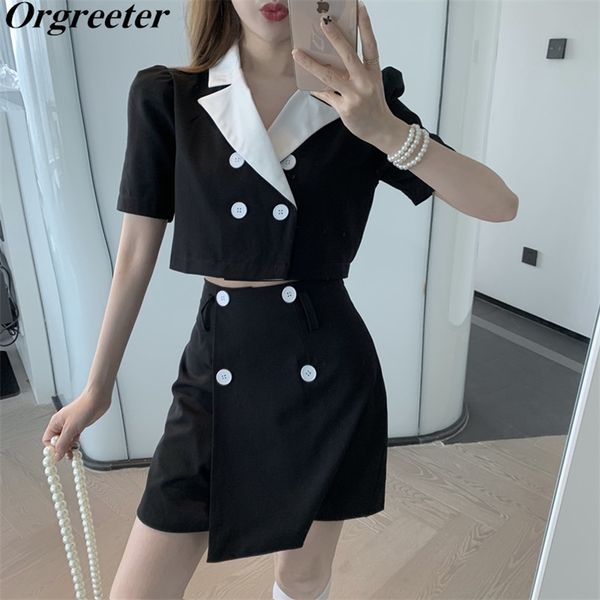 

retro double-breasted cropped skirt two piece set women fashion notched collar puff sleeve jacket and mini suit 210602, White